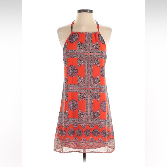 LuLu’s Social Philosophy Coral Red Boho Print Halter Back Tie Mini Dress•X-Small - Picture 4 of 8